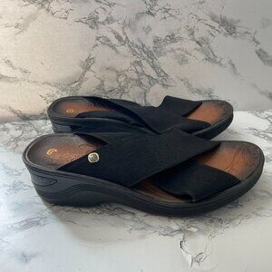 Bzees Women 9 Wedge Sandal Desire Black Slip On Open Toe Stretch Strap Shoe